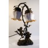 ART NOUVEAU STYLE BRONZED METAL TWO BRANCH TABLELAMP MOUNTED WITH TWO CHERUBS, WITH MOTTLED