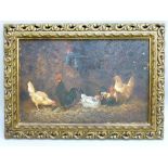 COCKERELS AND HENS ROOSTING, OIL ON BOARD IN A PIERCED GILT FRAME (20 cm x 31 cm)
