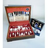 SIX PLACE SETTING CANTEEN OF CUTLERY BY HARRISON FISHER, SHEFFIELD, A BLUE GLASS SALT AND PEPPER,