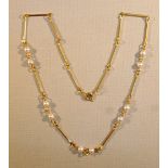 9ct GOLD PEARL AND BAR LINK NECKLACE (3.8g)