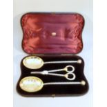 PAIR OF GOOD QUALITY LATE VICTORIAN PARCEL GILT PLATED FRUIT SALAD SPOONS AND A PAIR OF GRAPE