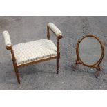 VICTORIAN WALNUT DRESSING STOOL ON REEDED LEGS, SCROLL TOP ENDS, UPHOLSTERED IN REGENCY STRIPE (67