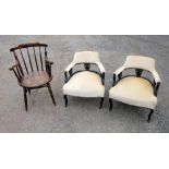 PAIR OF LATE VICTORIAN EBONISED TUB SHAPED ARMCHAIRS WITH CREAM UPHOLSTERY TOGETHER WITH A SWEDISH