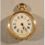 LADY'S SWISS 14ct GOLD FOB WATCH WITH PANSY ENAMELLED BACK