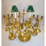 SIX PAIRS OF VICTORIAN AND LATER BRASS CANDLESTICKS, A PAIR OF CANDELABRA AND THREE CHAMBERSTICKS [