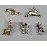 SILVER "PETER RABBIT" BROOCH (H: 4 cm), HARE BROOCH (WITHDRAWN FROM SALE!!), TWO DEER BROOCHES