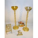 TALL PAIR OF BRASS OPEN BARLEY TWIST CANDLESTICKS CIRCA 1890 CONVERTED TO HOLD BRASS BOWLS