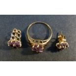 9ct GOLD RING SET AMETHYST, DIA: 16mm (2.1g) AND TWO 9ct GOLD AMETHYST SET EAR STUDS [3]