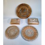 THREE EGYPTIAN COPPER DISHES WITH WHITE METAL INLAY TOGETHER WITH TWO COPPER AND WHITE METAL