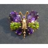 9ct GOLD BUTTERFLY BROOCH SET COLOURED STONES (4.2g)