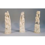 PAIR OF LATE C19th CHINESE CARVED IVORY FIGURES OF DEITIES TOGETHER WITH ANOTHER SIMILAR -