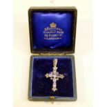 EARLY C20th FRENCH SILVER, MARCASITE AND AMETHYST CROSS PENDANT (H: 4.3 cm) IN AN A FAULKNER CASE