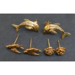 PAIR OF 9ct GOLD SWALLOW EAR STUDS, PAIR OF FLORAL EAR STUDS AND A PAIR OF 9ct GOLD DOLPHIN EAR