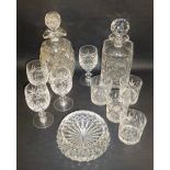 TWO CUT GLASS DECANTERS (H: 26.5 cm & 24 cm), TUMBLERS x 4, WINE GOBLETS x 4 AND AN ASH TRAY [11]