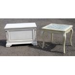 WHITE LATTICE TOP TABLE (88.5 cm x 67 cm x 59 cm) AND A WHITE PAINTED BLANKET BOX (59 cm x 91 cm x