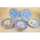 TWO EARLY VICTORIAN BLUE AND WHITE PLATES (DIA: 25 cm), VILLAGE SCENE BLUE AND WHITE PLATES x 11 (