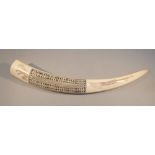 A FINE C19th WALRUS TUSK WITH SCRIMSHAW DECORATION INCORPORATING A CRIBBAGE PANEL, WILD ANIMALS