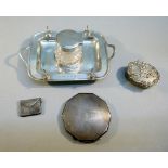 SILVER INKSTAND WITH CUT GLASS SILVER COVERED INK WELL AND PEN RESTS BY JOHN GRINSELL & SONS,