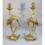 PAIR OF BRONZE CRANE ON TURTLE CANDLESTICKS, PROBABLY JAPANESE (H: 37 cm)