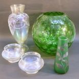 A TIFFANY STYLE TAPERING CYLINDRICAL GREEN GLASS VASE WITH SILVERED METAL OAK LEAF AND ACORN