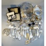 LARGE QUANTITY OF SILVER PLATED ITEMS INCLUDING CUTLERY, TEAPOTS, ENTRÉE AND SERVING DISHES, GRAPE