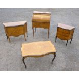 A SUITE OF FRENCH LOUIS XV STYLE KINGWOOD & TULIP FURNITURE WITH INLAID FLORAL MARQUETRY DECORATION