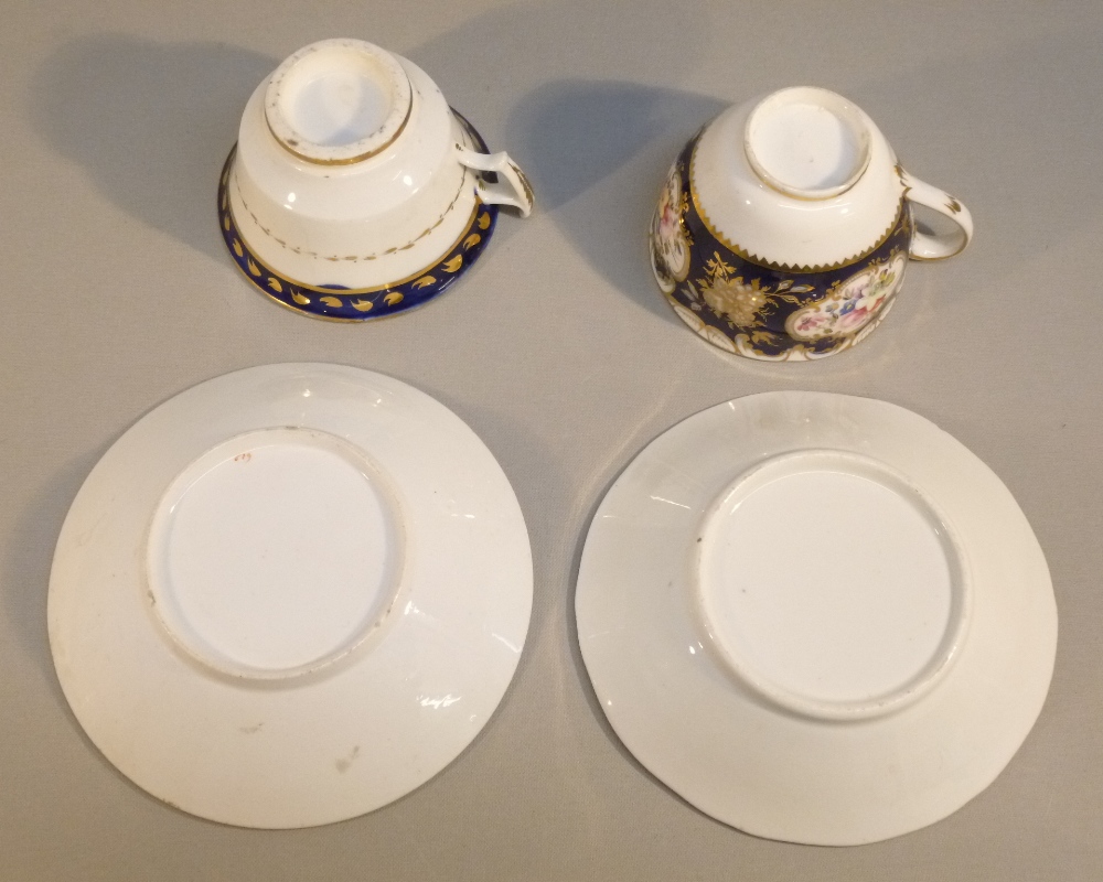 TWO LATER BONE CHINA BLUE AND GILT FLORAL PAINTED TEA CUPS AND SAUCERS, TWO COFFEE CUPS AND SAUCERS, - Image 14 of 19