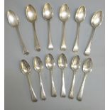SIX GEORGE III SILVER OLD ENGLISH THREAD PATTERN TABLESPOONS (420g) AND SIX DESSERT SPOONS (250g)