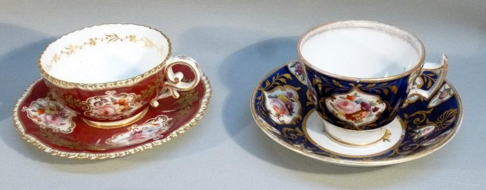 TWO LATER BONE CHINA BLUE AND GILT FLORAL PAINTED TEA CUPS AND SAUCERS, TWO COFFEE CUPS AND SAUCERS, - Image 3 of 19