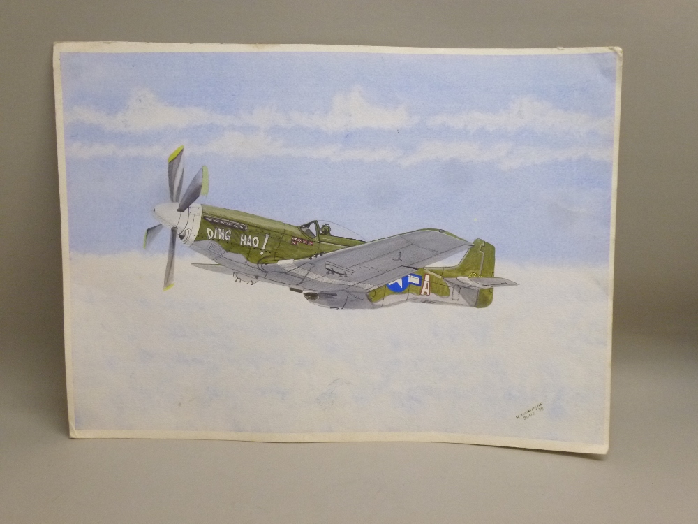A SET OF SIX WATERCOLOURS, FOUR DEPICTING WORLD WAR TWO USAF FIGHTER AIRCRAFT SUCH AS THE P.51