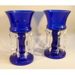 A PAIR OF COBALT BLUE GLASS LUSTRES EACH WITH CUT CLEAR GLASS BEAD & PRISMATIC DROPS (H: 26 cm) [2]