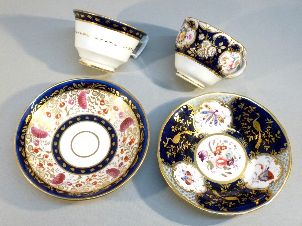 TWO LATER BONE CHINA BLUE AND GILT FLORAL PAINTED TEA CUPS AND SAUCERS, TWO COFFEE CUPS AND SAUCERS, - Image 13 of 19
