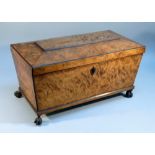 REGENCY STYLE SATINWOOD SARCOPHAGUS SHAPED TEA CADDY HINGED COVER DISCLOSING TWO HINGED COVERED