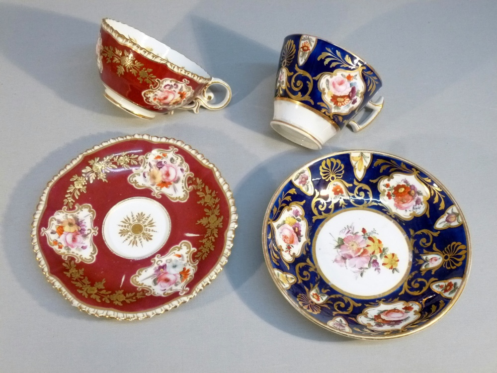 TWO LATER BONE CHINA BLUE AND GILT FLORAL PAINTED TEA CUPS AND SAUCERS, TWO COFFEE CUPS AND SAUCERS, - Image 7 of 19