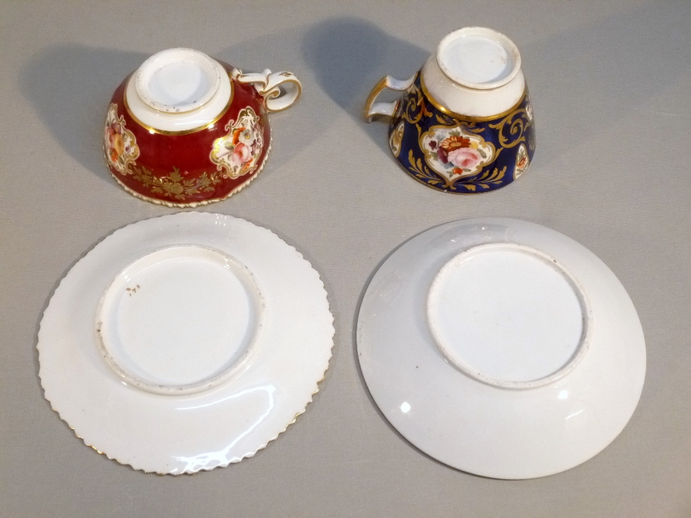 TWO LATER BONE CHINA BLUE AND GILT FLORAL PAINTED TEA CUPS AND SAUCERS, TWO COFFEE CUPS AND SAUCERS, - Image 8 of 19