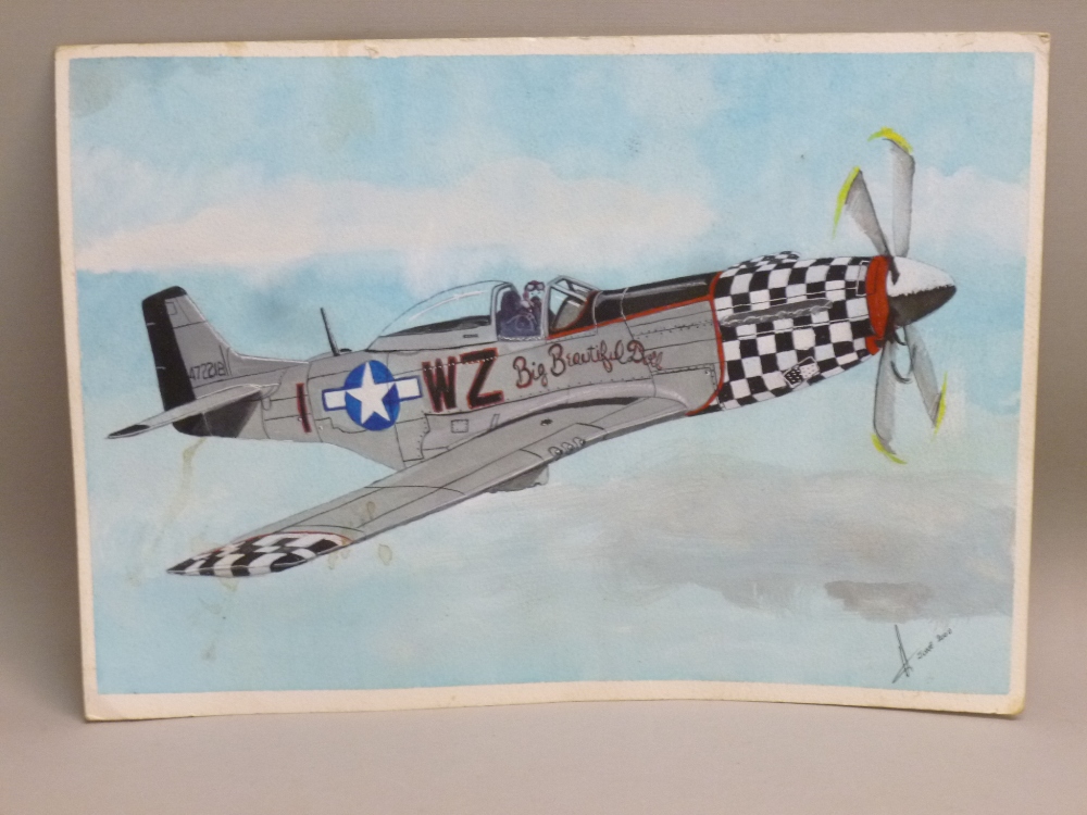 A SET OF SIX WATERCOLOURS, FOUR DEPICTING WORLD WAR TWO USAF FIGHTER AIRCRAFT SUCH AS THE P.51 - Bild 4 aus 6