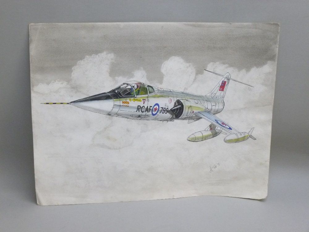 A SET OF SIX WATERCOLOURS, FOUR DEPICTING WORLD WAR TWO USAF FIGHTER AIRCRAFT SUCH AS THE P.51 - Bild 3 aus 6