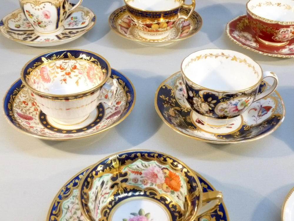 TWO LATER BONE CHINA BLUE AND GILT FLORAL PAINTED TEA CUPS AND SAUCERS, TWO COFFEE CUPS AND SAUCERS, - Image 4 of 19