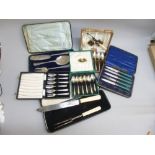 A GOOD QUANTITY OF BRONZE AND SILVER PLATED CUTLERY, SOME CASED