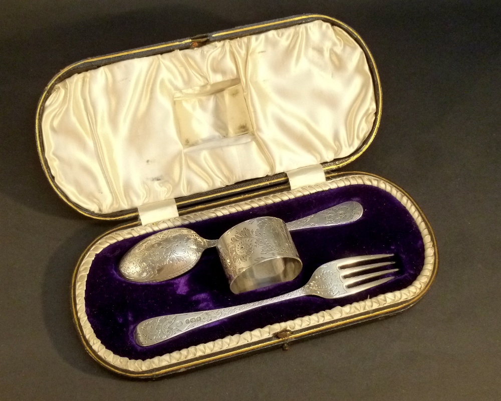 VICTORIAN SILVER THREE PIECE CHRISTENING SET COMPRISING SPOON, FORK AND NAPKIN RING, BY JOHN