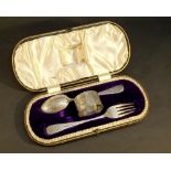 VICTORIAN SILVER THREE PIECE CHRISTENING SET COMPRISING SPOON, FORK AND NAPKIN RING, BY JOHN