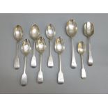 SIX VICTORIAN SILVER FIDDLE PATTERN DESSERT SPOONS EACH INITIALLED 'M', SIMILAR TEASPOON