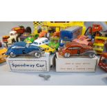 TWO LOUIS MARX & COMPANY LIMITED SPEEDWAY CARS E.52 CLOCKWORK/WINDUP WITH KEY, BOXED, A DINKY TOYS