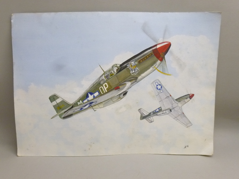 A SET OF SIX WATERCOLOURS, FOUR DEPICTING WORLD WAR TWO USAF FIGHTER AIRCRAFT SUCH AS THE P.51 - Bild 2 aus 6