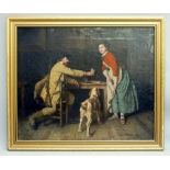 JUST L'HERNAULT, INN INTERIOR WITH A HUNTSMAN SEATED AT A TABLE, WOMAN AND DOG, SIGNED, OIL ON