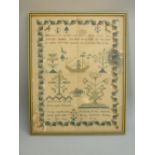 GEORGE IV SAMPLER WITH VERSE, SHIP AND FLOWERS, BY ANN TURNER OF FRIMLEY (SURREY), 1820 (38.8 cm