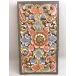 PAINTED CARVED FLORAL WOOD PANEL (69 cm x 38 cm x 3.7 cm)