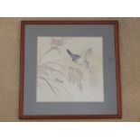 JAPANESE SCHOOL, THREE STUDIES OF BIRDS AND A DRAGONFLY OVER WATERLILLIES, SIGNED WATERCOLOURS (23.5