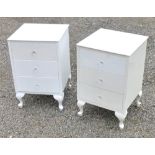 PAIR OF WHITE PAINTED THREE DRAWER CHESTS, EACH ON CABRIOLE LEGS (61 cm x 40 cm x 40 cm ) [2]