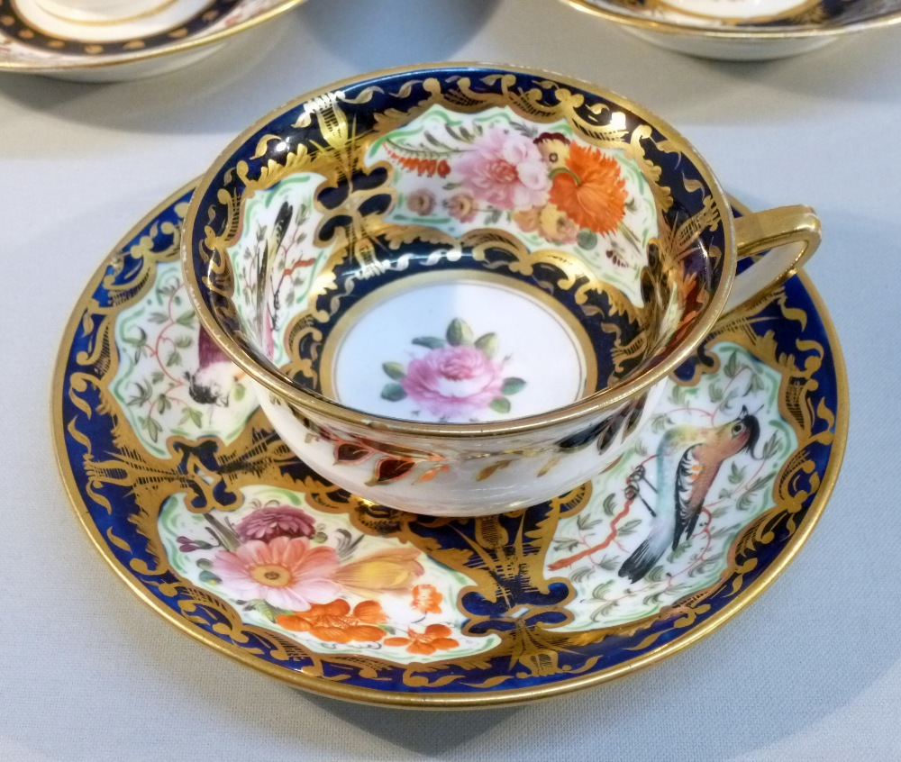 TWO LATER BONE CHINA BLUE AND GILT FLORAL PAINTED TEA CUPS AND SAUCERS, TWO COFFEE CUPS AND SAUCERS, - Image 6 of 19